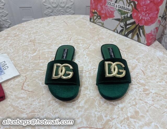 Original Cheap Dolce & Gabbana DG Velvet Flat Slide Sandals Green 604099