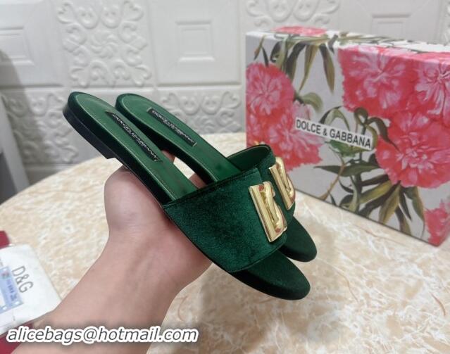 Original Cheap Dolce & Gabbana DG Velvet Flat Slide Sandals Green 604099