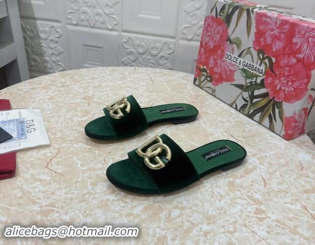 Original Cheap Dolce & Gabbana DG Velvet Flat Slide Sandals Green 604099