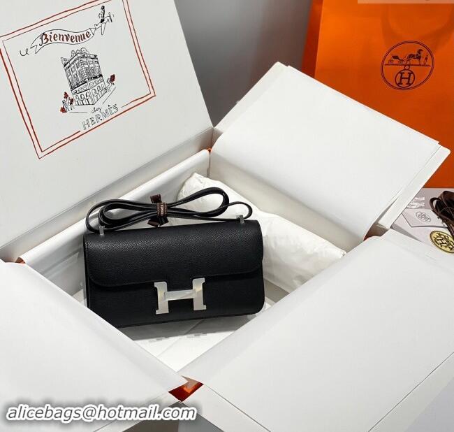 Good Quality Hermes Constance Elan East-West Bag 26cm in Calfskin 4048 Black/Silver 2024 (Half Handmade)