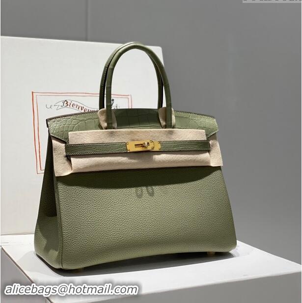 Trendy Design Hermes Birkin Touch Bag 30cm in Calfskin and Matte Nile Crocodile Leather H30 Sage Green 2024 (Full Handma