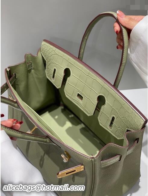 Trendy Design Hermes Birkin Touch Bag 30cm in Calfskin and Matte Nile Crocodile Leather H30 Sage Green 2024 (Full Handma