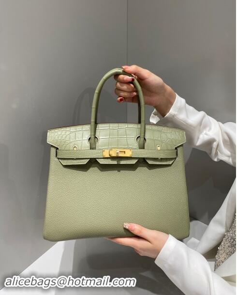 Trendy Design Hermes Birkin Touch Bag 30cm in Calfskin and Matte Nile Crocodile Leather H30 Sage Green 2024 (Full Handma