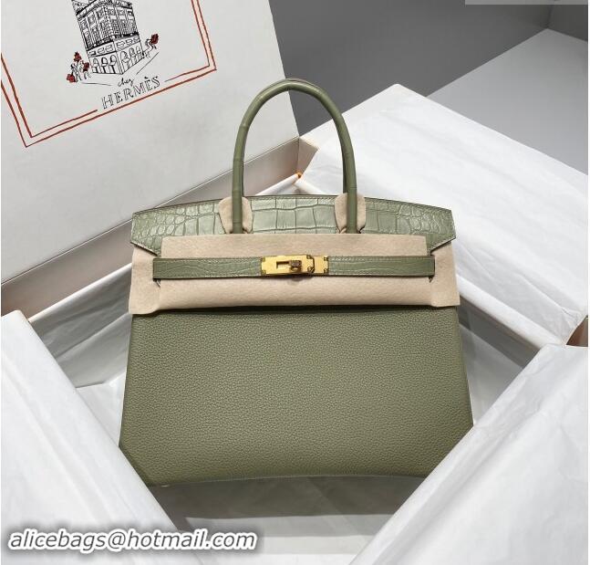 Trendy Design Hermes Birkin Touch Bag 30cm in Calfskin and Matte Nile Crocodile Leather H30 Sage Green 2024 (Full Handma