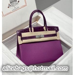 Top Grade Hermes Birkin Touch Bag 30cm in Calfskin and Shiny Nile Crocodile Leather H30 Sea Anemone Purple 2024 (Full Ha