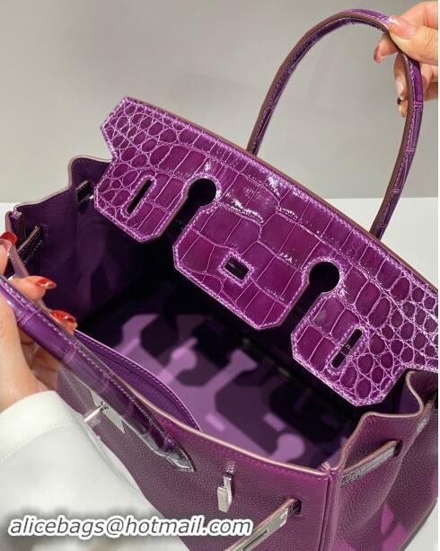 Top Grade Hermes Birkin Touch Bag 30cm in Calfskin and Shiny Nile Crocodile Leather H30 Sea Anemone Purple 2024 (Full Ha