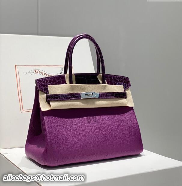 Top Grade Hermes Birkin Touch Bag 30cm in Calfskin and Shiny Nile Crocodile Leather H30 Sea Anemone Purple 2024 (Full Ha