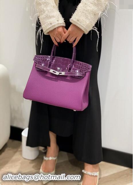 Top Grade Hermes Birkin Touch Bag 30cm in Calfskin and Shiny Nile Crocodile Leather H30 Sea Anemone Purple 2024 (Full Ha