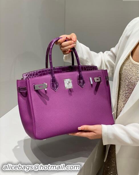 Top Grade Hermes Birkin Touch Bag 30cm in Calfskin and Shiny Nile Crocodile Leather H30 Sea Anemone Purple 2024 (Full Ha