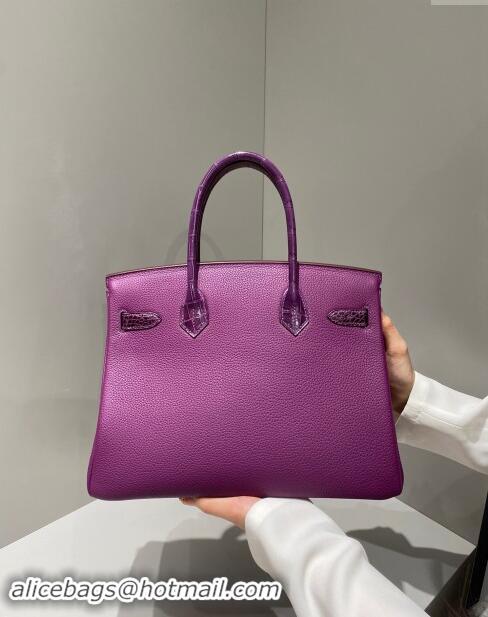 Top Grade Hermes Birkin Touch Bag 30cm in Calfskin and Shiny Nile Crocodile Leather H30 Sea Anemone Purple 2024 (Full Ha