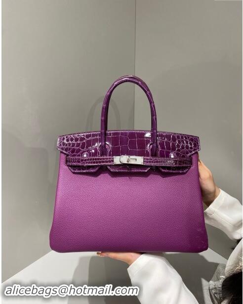 Top Grade Hermes Birkin Touch Bag 30cm in Calfskin and Shiny Nile Crocodile Leather H30 Sea Anemone Purple 2024 (Full Ha