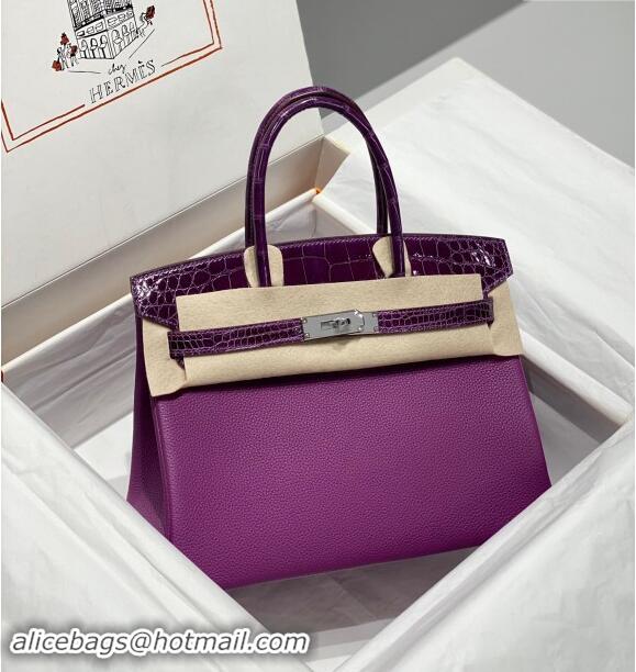 Top Grade Hermes Birkin Touch Bag 30cm in Calfskin and Shiny Nile Crocodile Leather H30 Sea Anemone Purple 2024 (Full Ha