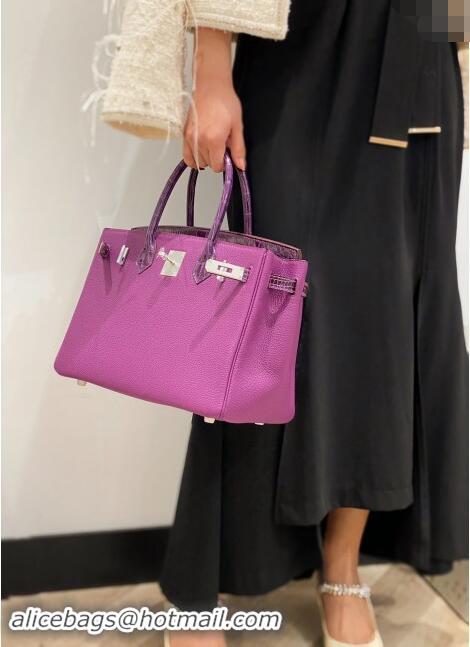 Top Grade Hermes Birkin Touch Bag 30cm in Calfskin and Shiny Nile Crocodile Leather H30 Sea Anemone Purple 2024 (Full Ha