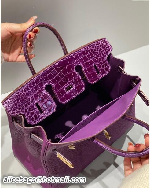 Trendy Design Hermes Birkin Touch Bag 25cm in Calfskin and Shiny Nile Crocodile Leather H25 Sea Anemone Purple 2024 (Ful