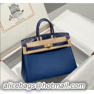 Pretty Style Hermes Birkin Touch Bag 25cm in Calfskin and Shiny Nile Crocodile Leather H25 Stone Blue 2024 (Full Handmad