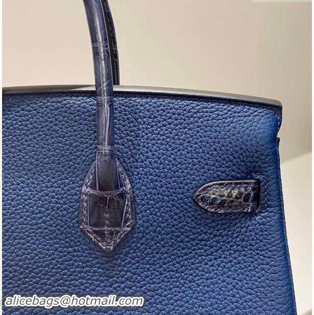 Pretty Style Hermes Birkin Touch Bag 25cm in Calfskin and Shiny Nile Crocodile Leather H25 Stone Blue 2024 (Full Handmad