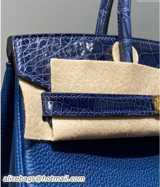 Pretty Style Hermes Birkin Touch Bag 25cm in Calfskin and Shiny Nile Crocodile Leather H25 Stone Blue 2024 (Full Handmad