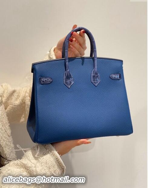 Pretty Style Hermes Birkin Touch Bag 25cm in Calfskin and Shiny Nile Crocodile Leather H25 Stone Blue 2024 (Full Handmad