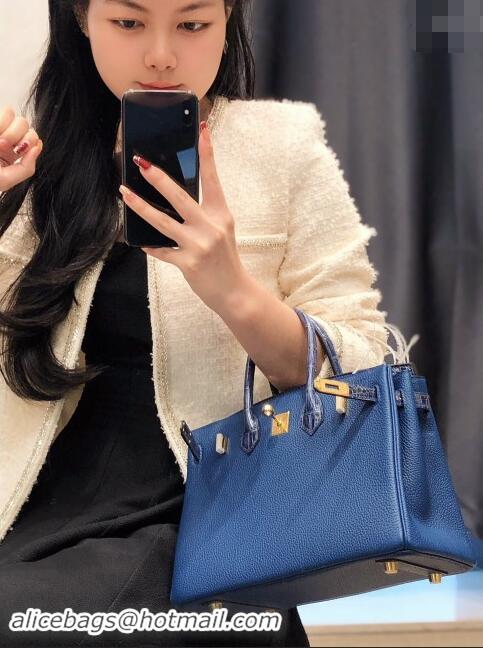 Pretty Style Hermes Birkin Touch Bag 25cm in Calfskin and Shiny Nile Crocodile Leather H25 Stone Blue 2024 (Full Handmad