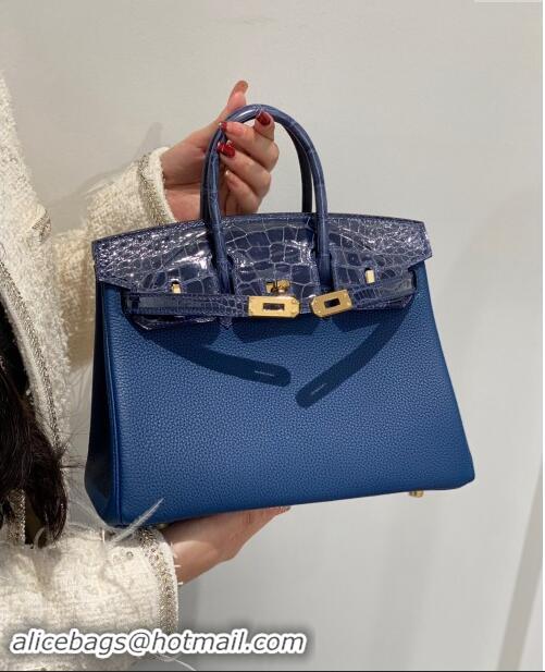 Pretty Style Hermes Birkin Touch Bag 25cm in Calfskin and Shiny Nile Crocodile Leather H25 Stone Blue 2024 (Full Handmad