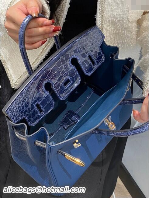 Pretty Style Hermes Birkin Touch Bag 25cm in Calfskin and Shiny Nile Crocodile Leather H25 Stone Blue 2024 (Full Handmad