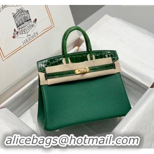 Top Design Hermes Birkin Touch Bag 25cm in Calfskin and Shiny Nile Crocodile Leather H25 Emerald Green 2024 (Full Handma