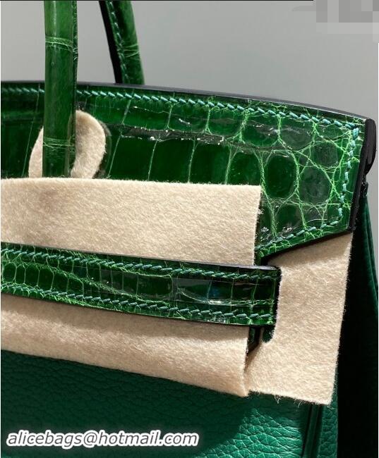 Top Design Hermes Birkin Touch Bag 25cm in Calfskin and Shiny Nile Crocodile Leather H25 Emerald Green 2024 (Full Handma