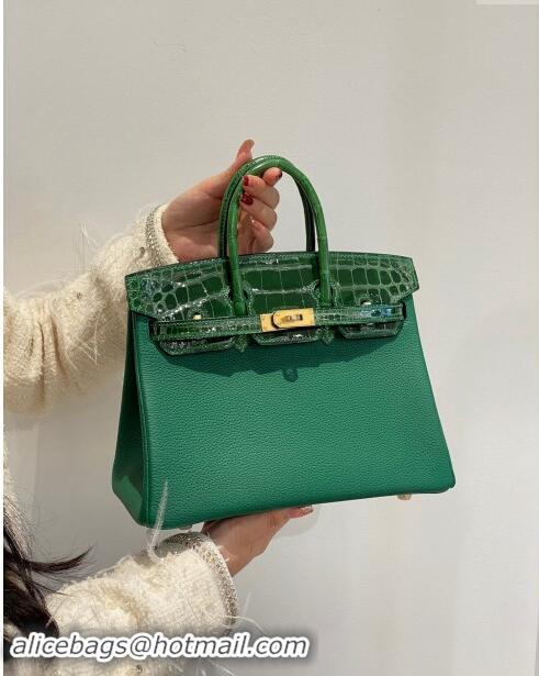 Top Design Hermes Birkin Touch Bag 25cm in Calfskin and Shiny Nile Crocodile Leather H25 Emerald Green 2024 (Full Handma