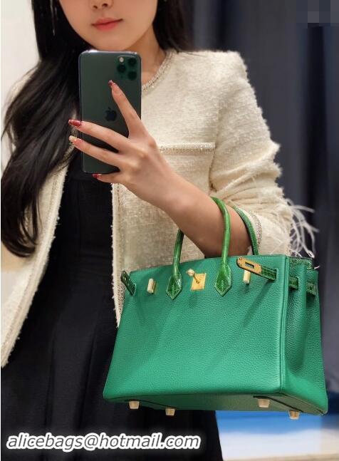 Top Design Hermes Birkin Touch Bag 25cm in Calfskin and Shiny Nile Crocodile Leather H25 Emerald Green 2024 (Full Handma