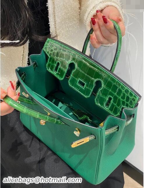 Top Design Hermes Birkin Touch Bag 25cm in Calfskin and Shiny Nile Crocodile Leather H25 Emerald Green 2024 (Full Handma