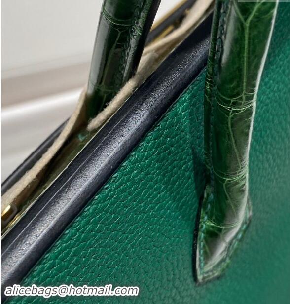 Top Design Hermes Birkin Touch Bag 25cm in Calfskin and Shiny Nile Crocodile Leather H25 Emerald Green 2024 (Full Handma