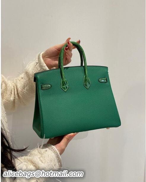 Top Design Hermes Birkin Touch Bag 25cm in Calfskin and Shiny Nile Crocodile Leather H25 Emerald Green 2024 (Full Handma