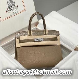 Luxury Cheap Hermes Birkin Touch Bag 30cm in Calfskin and Matte Nile Crocodile Leather H30 Elephant Grey 2024 (Full Hand