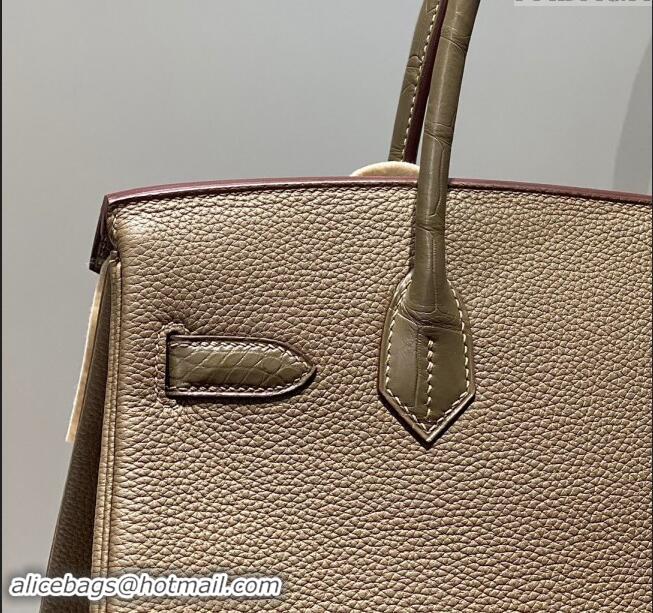 Luxury Cheap Hermes Birkin Touch Bag 30cm in Calfskin and Matte Nile Crocodile Leather H30 Elephant Grey 2024 (Full Hand