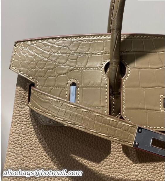 Luxury Cheap Hermes Birkin Touch Bag 30cm in Calfskin and Matte Nile Crocodile Leather H30 Elephant Grey 2024 (Full Hand