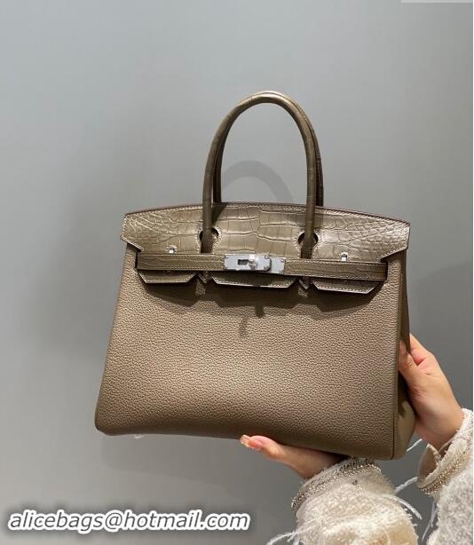 Luxury Cheap Hermes Birkin Touch Bag 30cm in Calfskin and Matte Nile Crocodile Leather H30 Elephant Grey 2024 (Full Hand