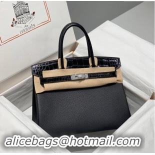 Super Quality Hermes Birkin Touch Bag 30cm in Calfskin and Shiny Nile Crocodile Leather H30 Black/Silver 2024 (Full Hand