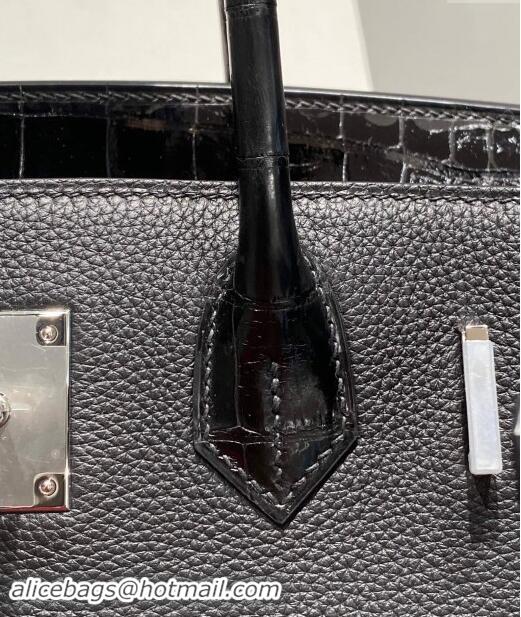 Super Quality Hermes Birkin Touch Bag 30cm in Calfskin and Shiny Nile Crocodile Leather H30 Black/Silver 2024 (Full Hand