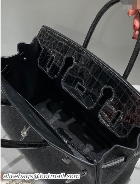 Super Quality Hermes Birkin Touch Bag 30cm in Calfskin and Shiny Nile Crocodile Leather H30 Black/Silver 2024 (Full Hand