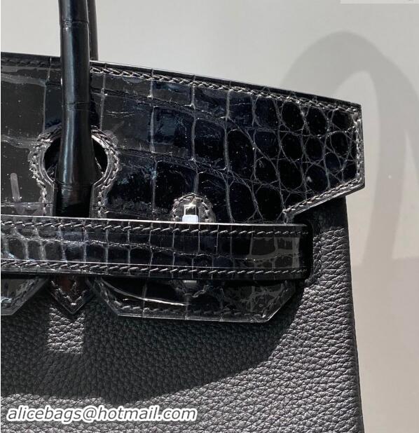 Super Quality Hermes Birkin Touch Bag 30cm in Calfskin and Shiny Nile Crocodile Leather H30 Black/Silver 2024 (Full Hand