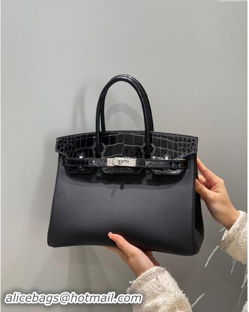 Super Quality Hermes Birkin Touch Bag 30cm in Calfskin and Shiny Nile Crocodile Leather H30 Black/Silver 2024 (Full Hand