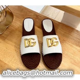 Top Design Dolce & Gabbana Calfskin Espadrille Flat Slide Sandals White 604104