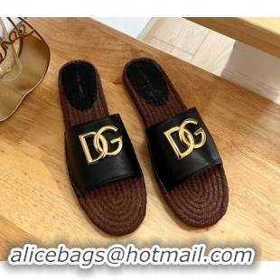 Top Grade Dolce & Gabbana Calfskin Espadrille Flat Slide Sandals Black 604105