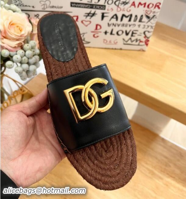 Top Grade Dolce & Gabbana Calfskin Espadrille Flat Slide Sandals Black 604105