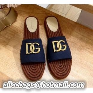 Perfect Dolce & Gabbana Canvas Espadrille Flat Slide Sandals Dark Blue 604106