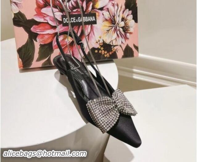 Luxury Discount Dolce & Gabbana Strass Slingback Pumps 4.5cm in Satin Black 604129