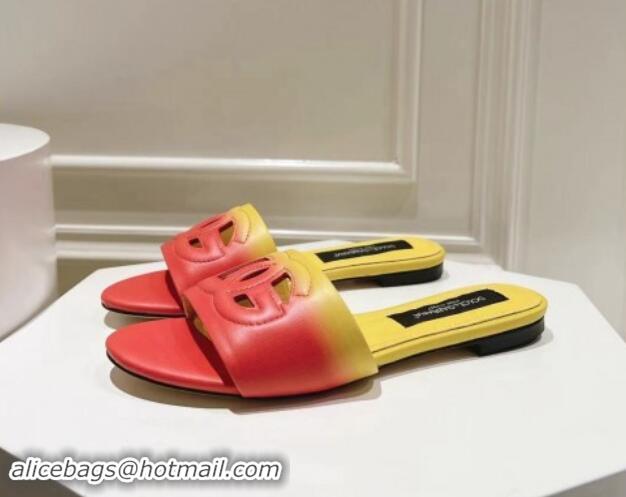 Fashion Luxury Dolce & Gabbana DG Cutout Flat Slide Sandals in Gradient Calfskin Red/Yellow 604133