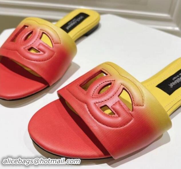 Fashion Luxury Dolce & Gabbana DG Cutout Flat Slide Sandals in Gradient Calfskin Red/Yellow 604133