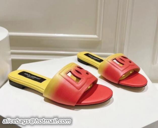 Fashion Luxury Dolce & Gabbana DG Cutout Flat Slide Sandals in Gradient Calfskin Red/Yellow 604133