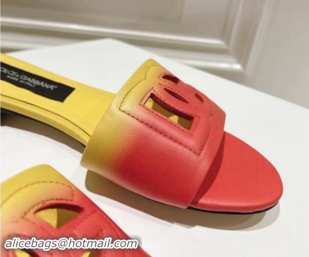 Fashion Luxury Dolce & Gabbana DG Cutout Flat Slide Sandals in Gradient Calfskin Red/Yellow 604133